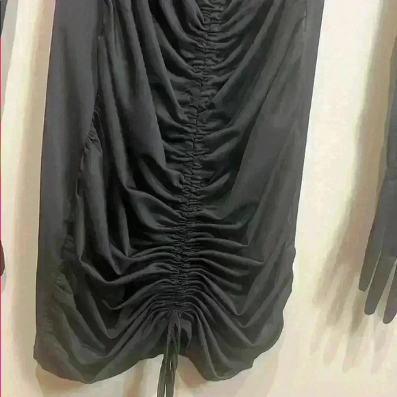 NWT Akira sz Small Black Bodycon Dress Midi Ruched Draped Asymmetrical - Picture 3 of 7